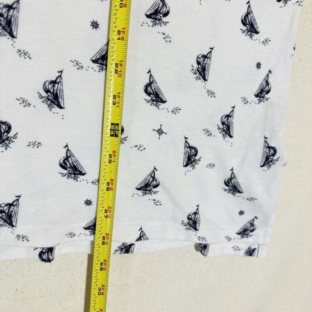 POLO RALPH LAUREN Men XL Custom Slim Fit White Blue Sailboats Polo Shirt
